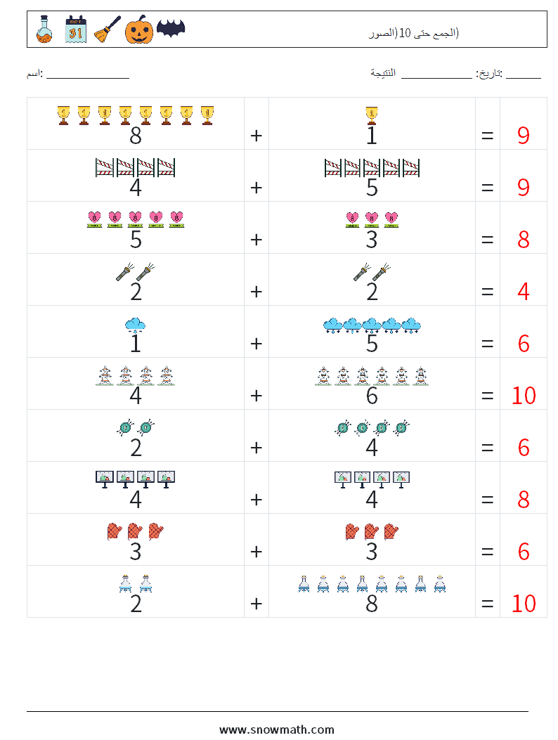 الجمع حتى 10(الصور) أوراق عمل الرياضيات 10 سؤال وجواب