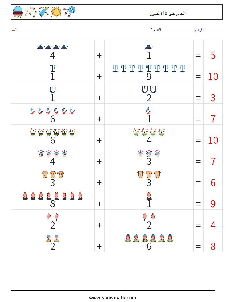 الجمع حتى 10(الصور) أوراق عمل الرياضيات 12 سؤال وجواب