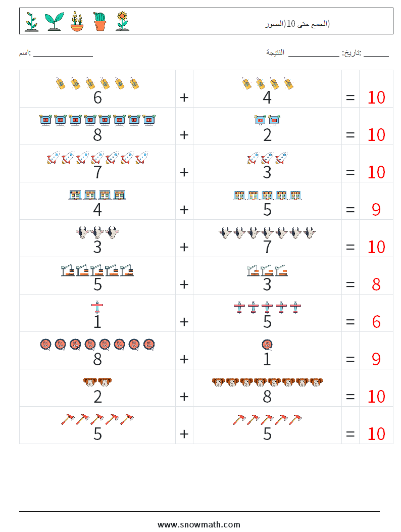 الجمع حتى 10(الصور) أوراق عمل الرياضيات 13 سؤال وجواب