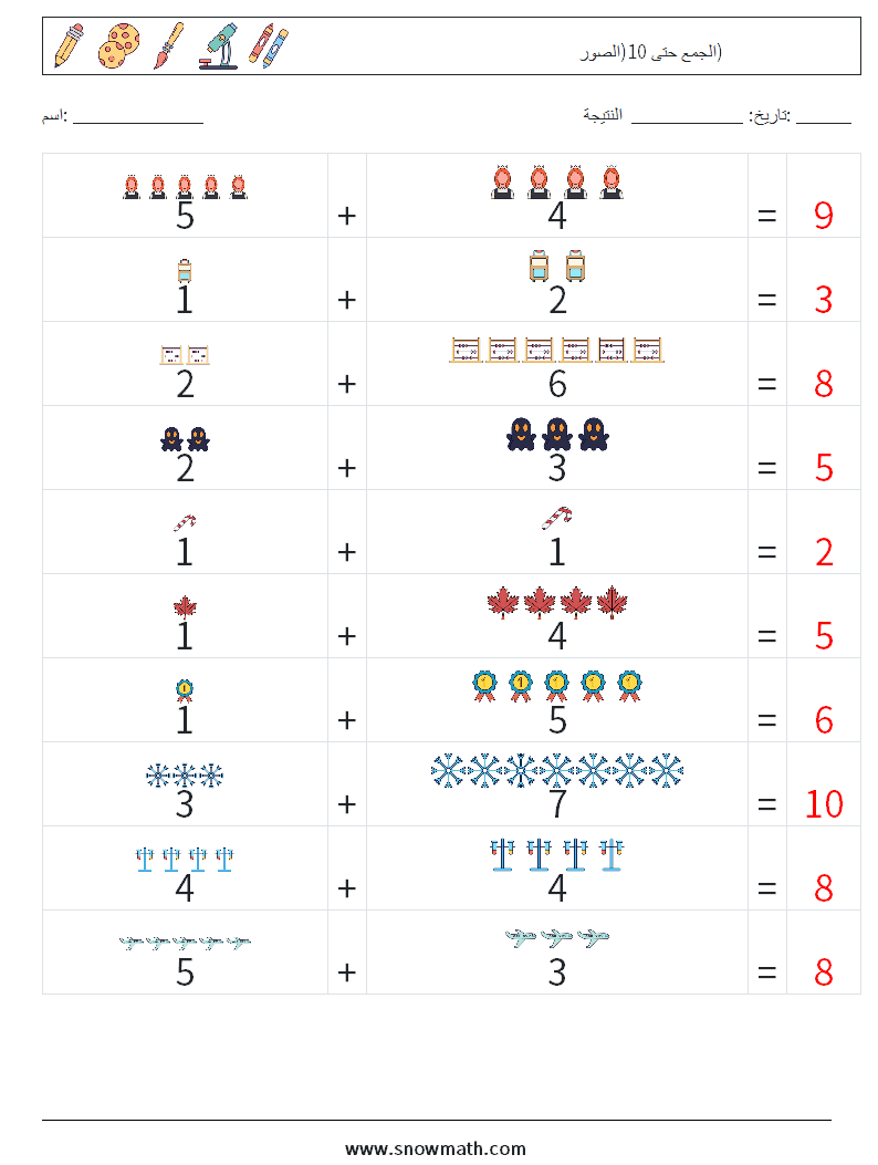 الجمع حتى 10(الصور) أوراق عمل الرياضيات 1 سؤال وجواب