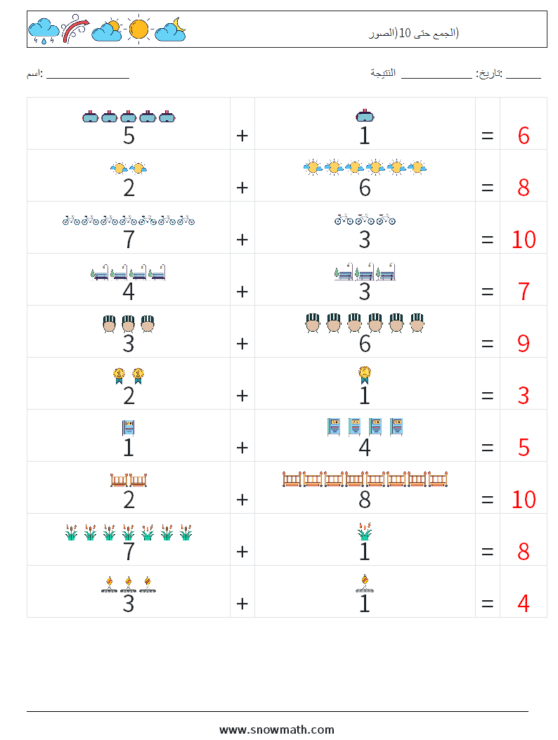 الجمع حتى 10(الصور) أوراق عمل الرياضيات 2 سؤال وجواب