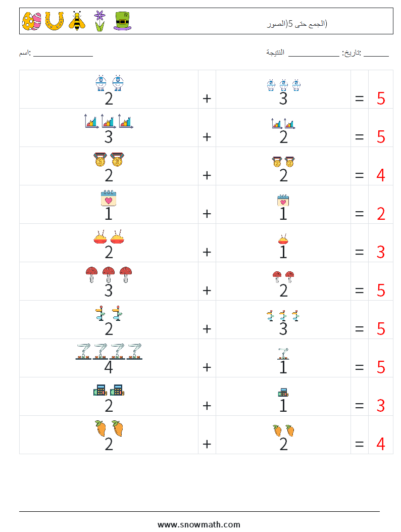 الجمع حتى 5(الصور) أوراق عمل الرياضيات 11 سؤال وجواب