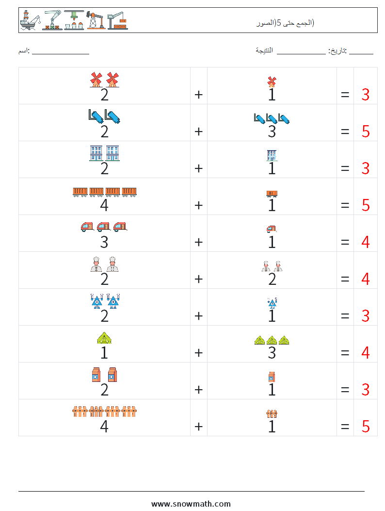 الجمع حتى 5(الصور) أوراق عمل الرياضيات 15 سؤال وجواب