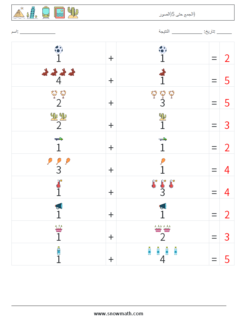 الجمع حتى 5(الصور) أوراق عمل الرياضيات 18 سؤال وجواب