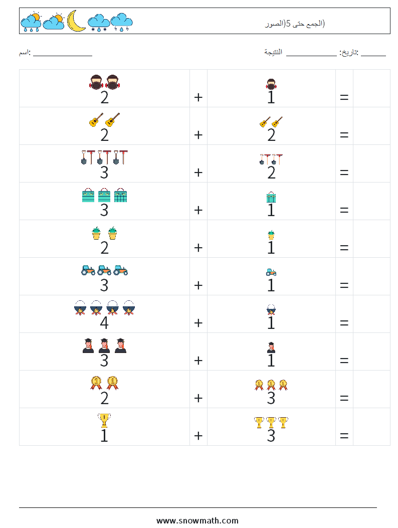 الجمع حتى 5(الصور) أوراق عمل الرياضيات 3