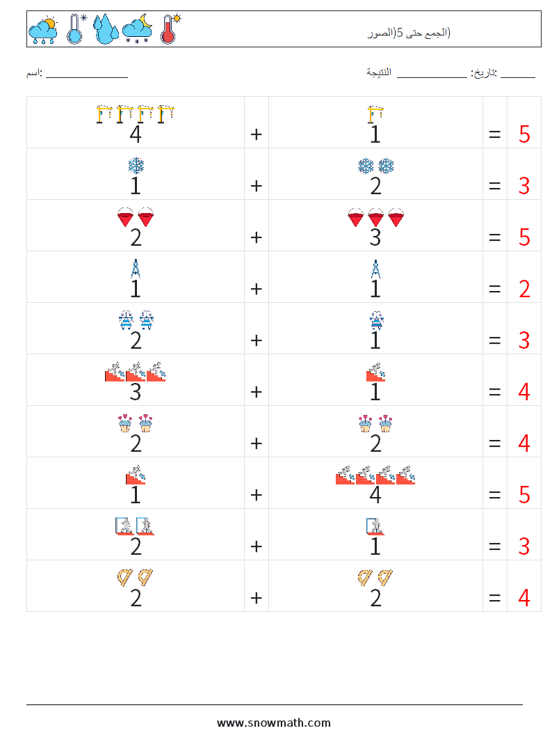 الجمع حتى 5(الصور) أوراق عمل الرياضيات 6 سؤال وجواب