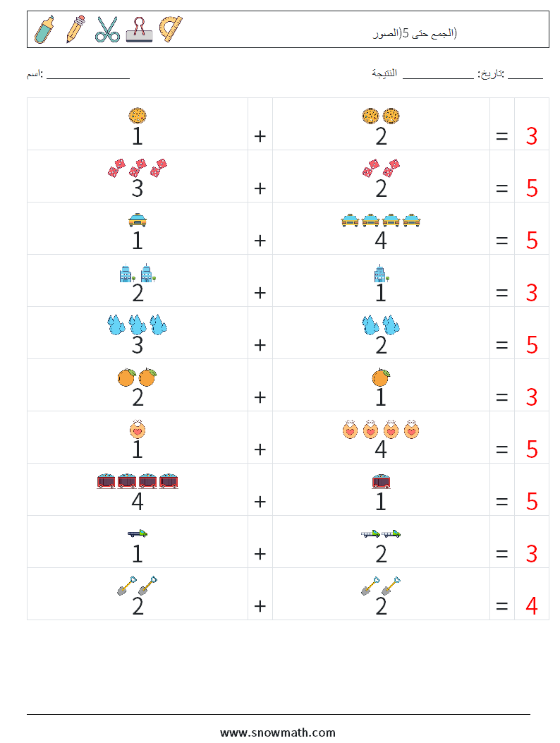 الجمع حتى 5(الصور) أوراق عمل الرياضيات 8 سؤال وجواب