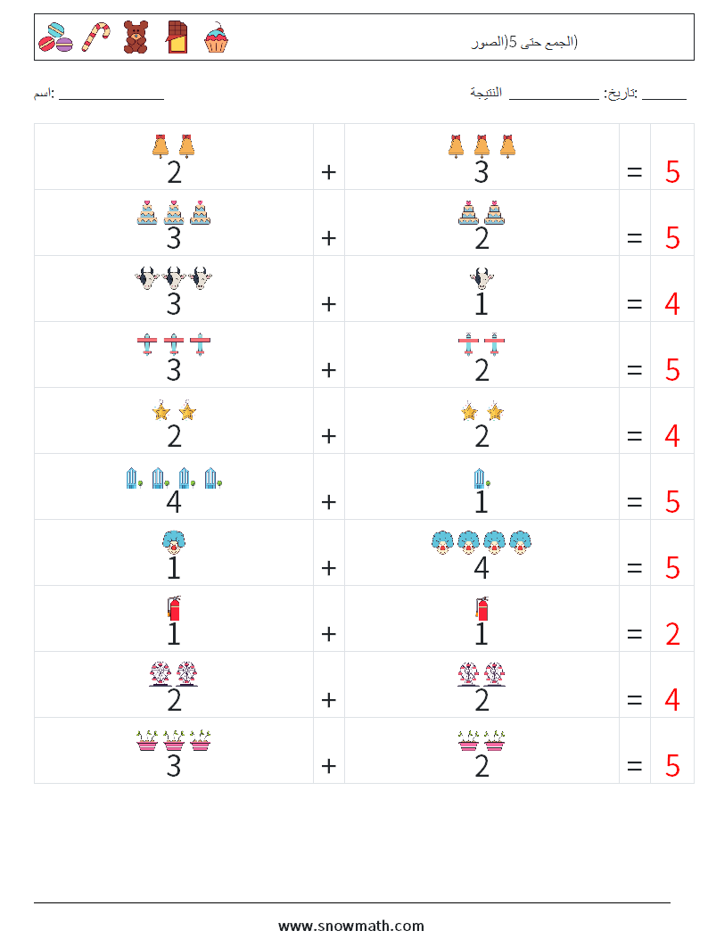 الجمع حتى 5(الصور) أوراق عمل الرياضيات 9 سؤال وجواب