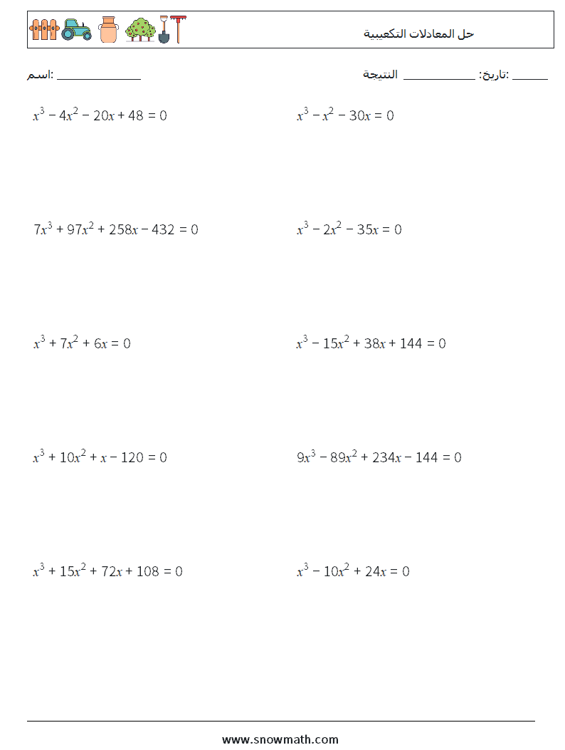 حل المعادلات التكعيبية أوراق عمل الرياضيات 2