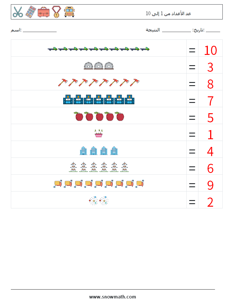 عد الأعداد من 1 إلى 10 أوراق عمل الرياضيات 10 سؤال وجواب