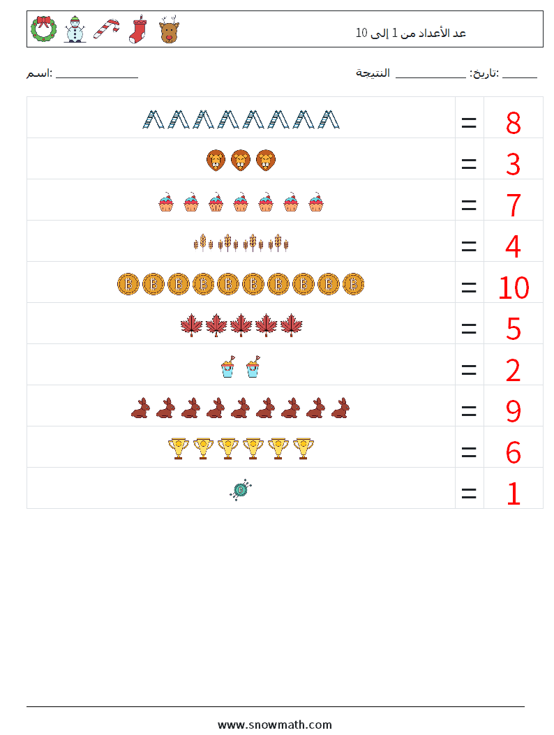 عد الأعداد من 1 إلى 10 أوراق عمل الرياضيات 1 سؤال وجواب
