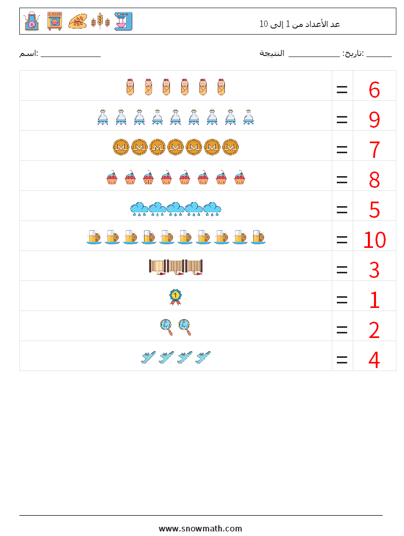 عد الأعداد من 1 إلى 10 أوراق عمل الرياضيات 2 سؤال وجواب