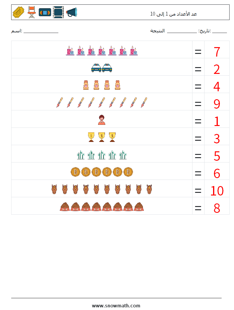 عد الأعداد من 1 إلى 10 أوراق عمل الرياضيات 4 سؤال وجواب