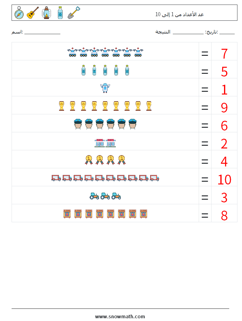 عد الأعداد من 1 إلى 10 أوراق عمل الرياضيات 5 سؤال وجواب