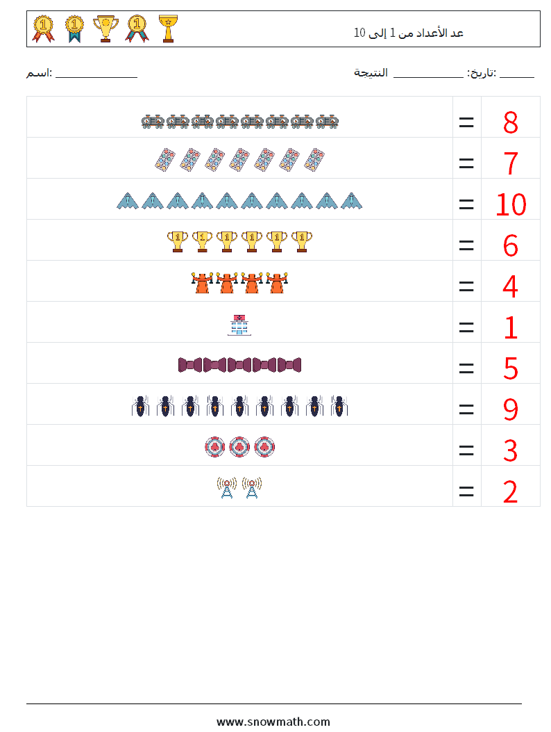 عد الأعداد من 1 إلى 10 أوراق عمل الرياضيات 8 سؤال وجواب
