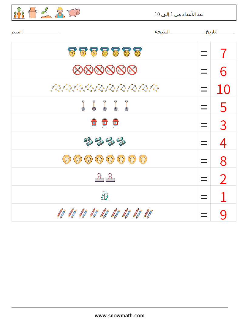 عد الأعداد من 1 إلى 10 أوراق عمل الرياضيات 9 سؤال وجواب