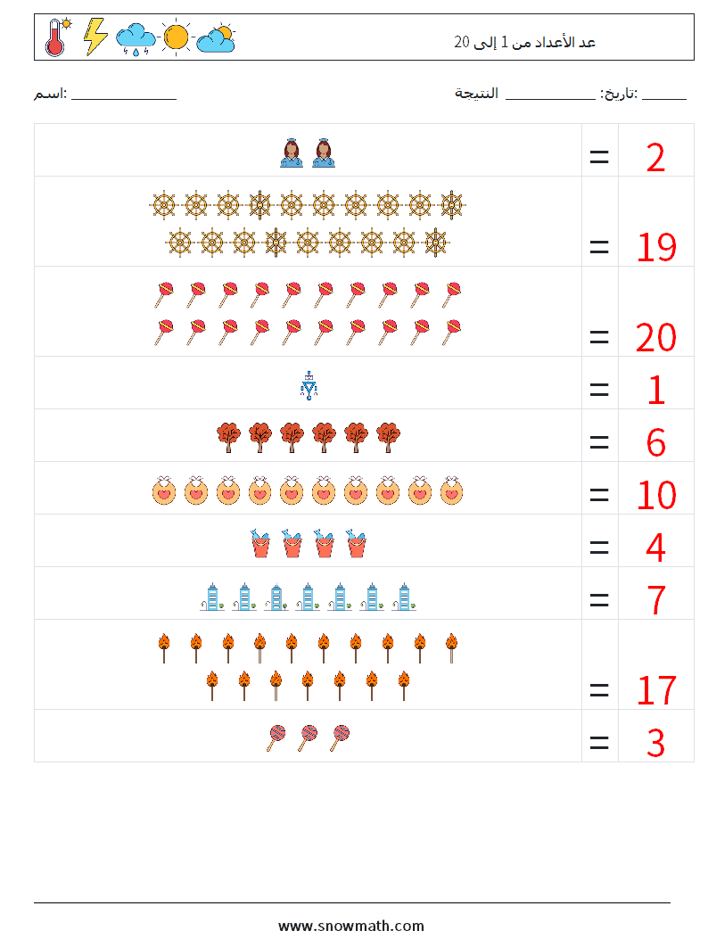 عد الأعداد من 1 إلى 20 أوراق عمل الرياضيات 13 سؤال وجواب