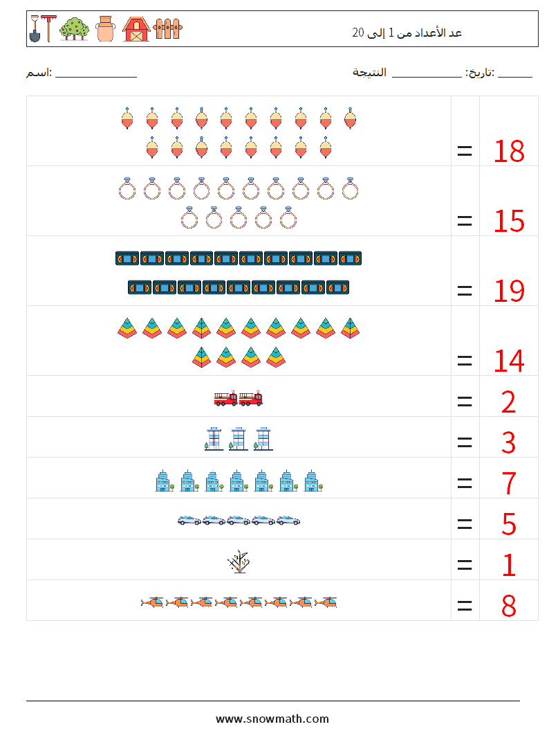 عد الأعداد من 1 إلى 20 أوراق عمل الرياضيات 1 سؤال وجواب
