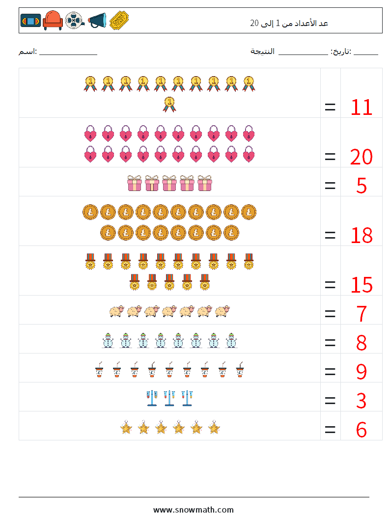 عد الأعداد من 1 إلى 20 أوراق عمل الرياضيات 5 سؤال وجواب