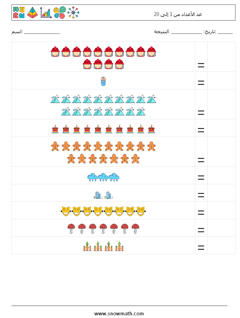 عد الأعداد من 1 إلى 20 أوراق عمل الرياضيات 7