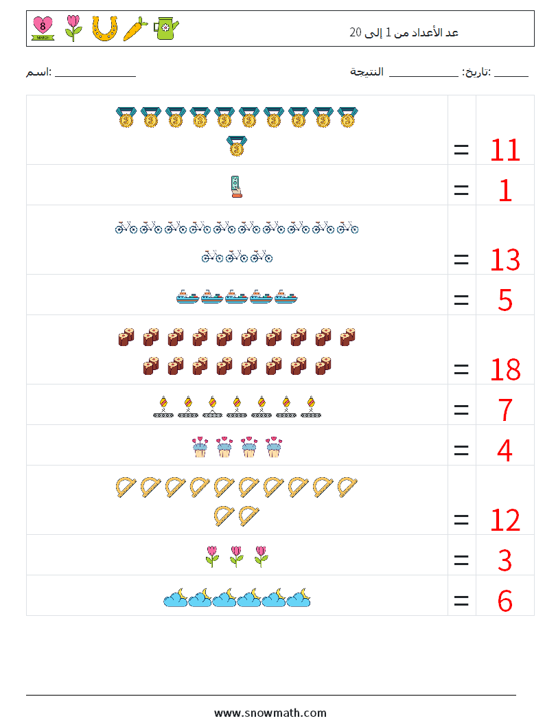 عد الأعداد من 1 إلى 20 أوراق عمل الرياضيات 9 سؤال وجواب
