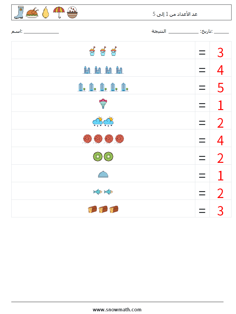 عد الأعداد من 1 إلى 5 أوراق عمل الرياضيات 10 سؤال وجواب