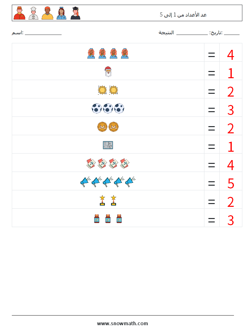 عد الأعداد من 1 إلى 5 أوراق عمل الرياضيات 15 سؤال وجواب