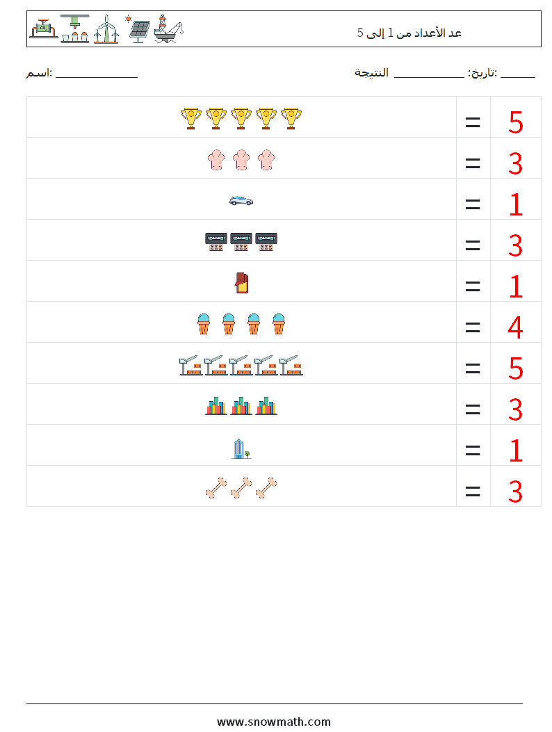 عد الأعداد من 1 إلى 5 أوراق عمل الرياضيات 2 سؤال وجواب