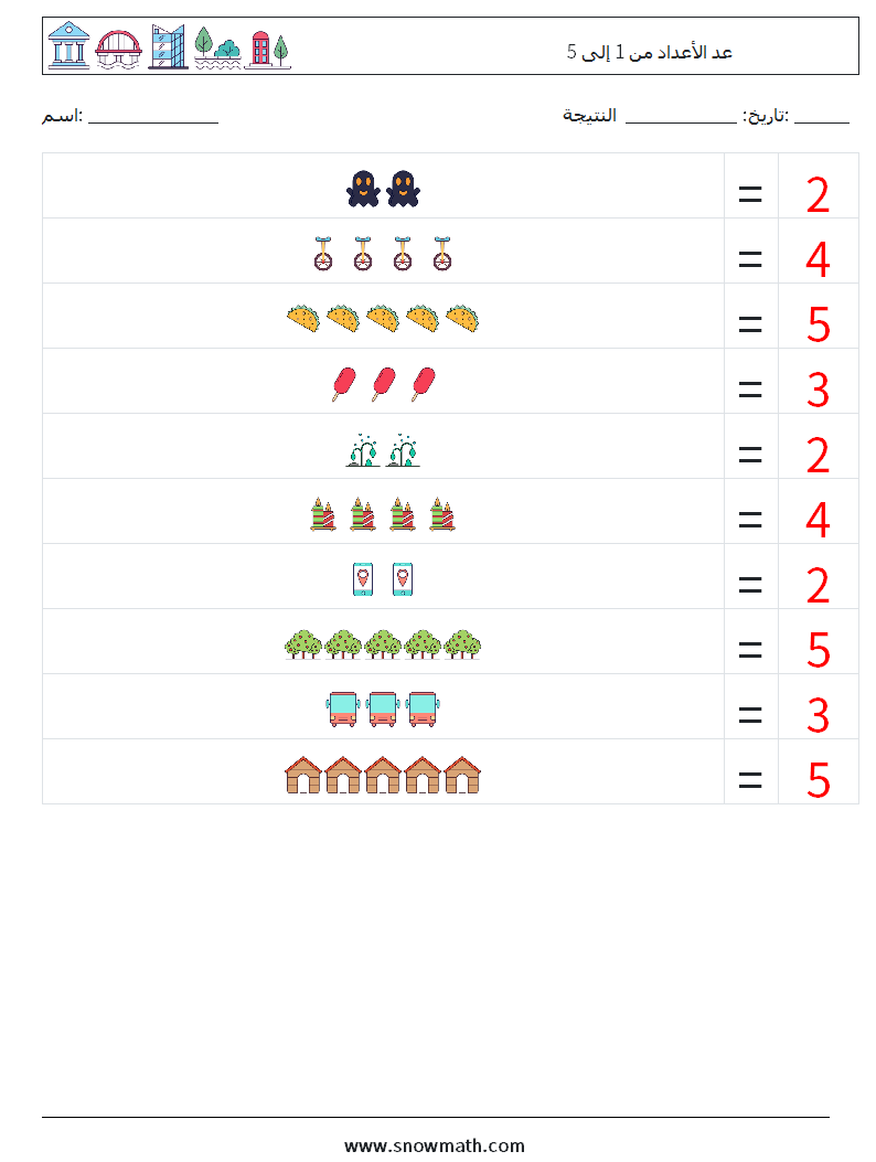 عد الأعداد من 1 إلى 5 أوراق عمل الرياضيات 4 سؤال وجواب