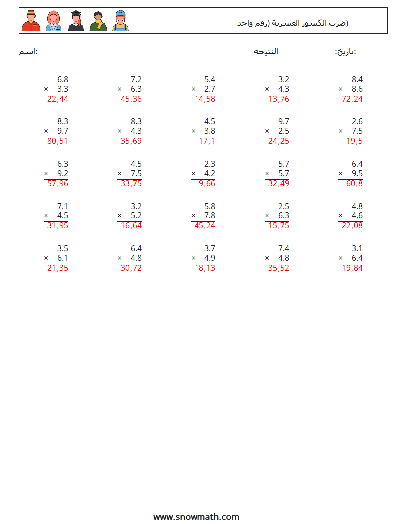 (25) ضرب الكسور العشرية (رقم واحد) أوراق عمل الرياضيات 5 سؤال وجواب