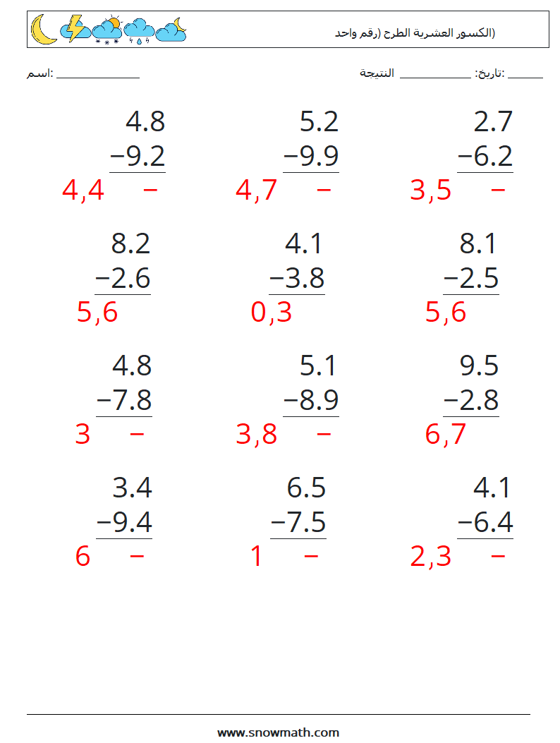 (12) الكسور العشرية الطرح (رقم واحد) أوراق عمل الرياضيات 12 سؤال وجواب