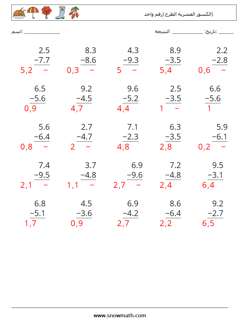 (25) الكسور العشرية الطرح (رقم واحد) أوراق عمل الرياضيات 13 سؤال وجواب