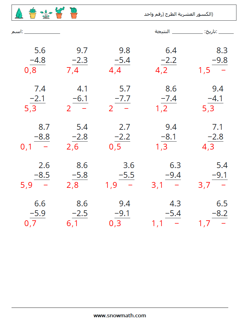 (25) الكسور العشرية الطرح (رقم واحد) أوراق عمل الرياضيات 3 سؤال وجواب