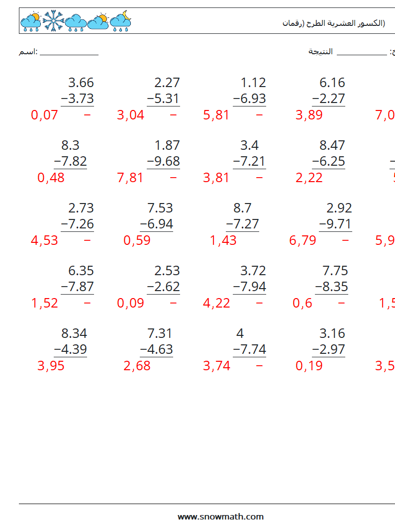 (25) الكسور العشرية الطرح (رقمان) أوراق عمل الرياضيات 5 سؤال وجواب