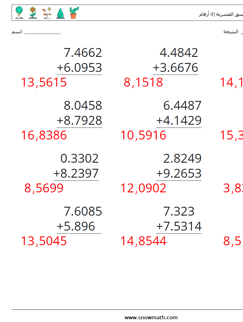 (12) جمع الكسور العشرية (4 أرقام) أوراق عمل الرياضيات 9 سؤال وجواب