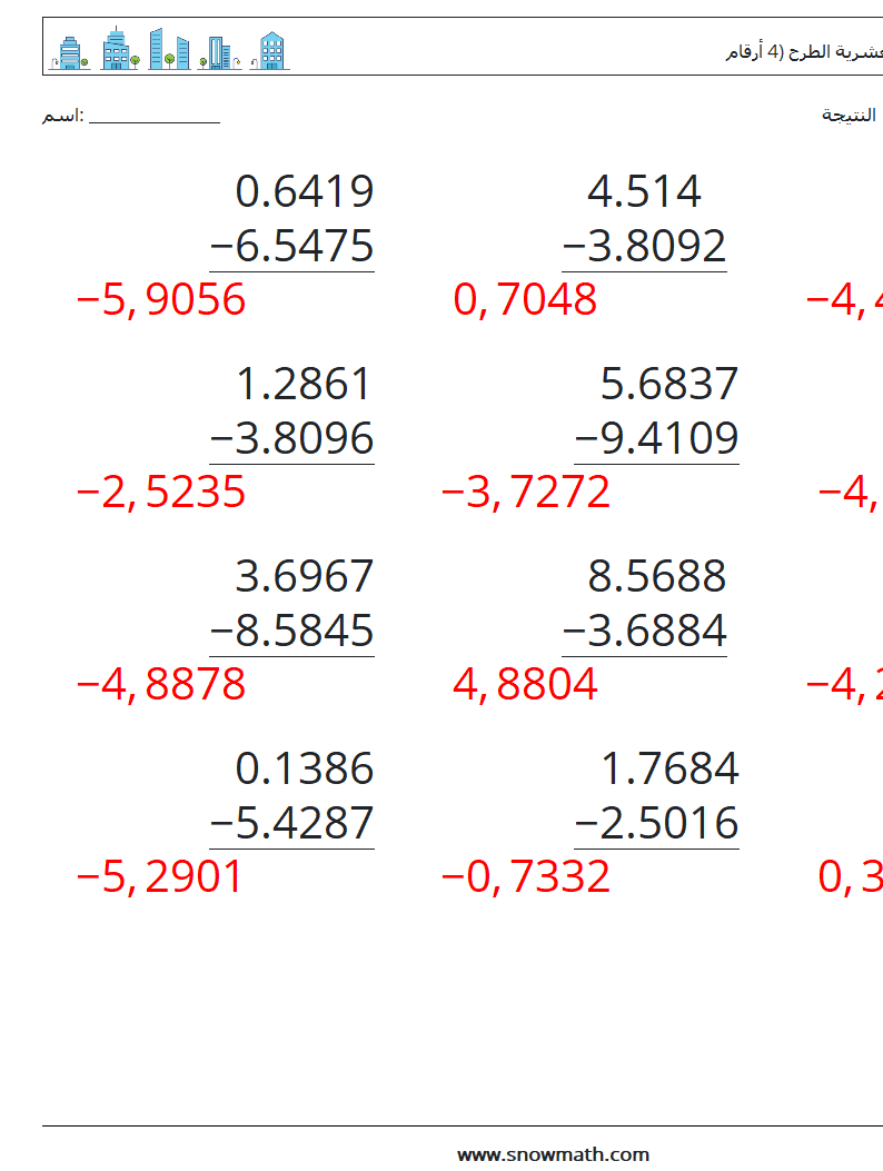 (12) الكسور العشرية الطرح (4 أرقام) أوراق عمل الرياضيات 2 سؤال وجواب