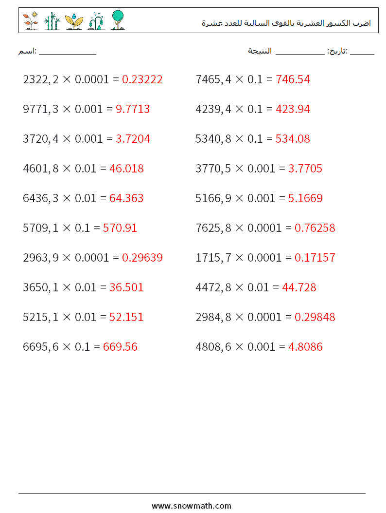 اضرب الكسور العشرية بالقوى السالبة للعدد عشرة أوراق عمل الرياضيات 2 سؤال وجواب