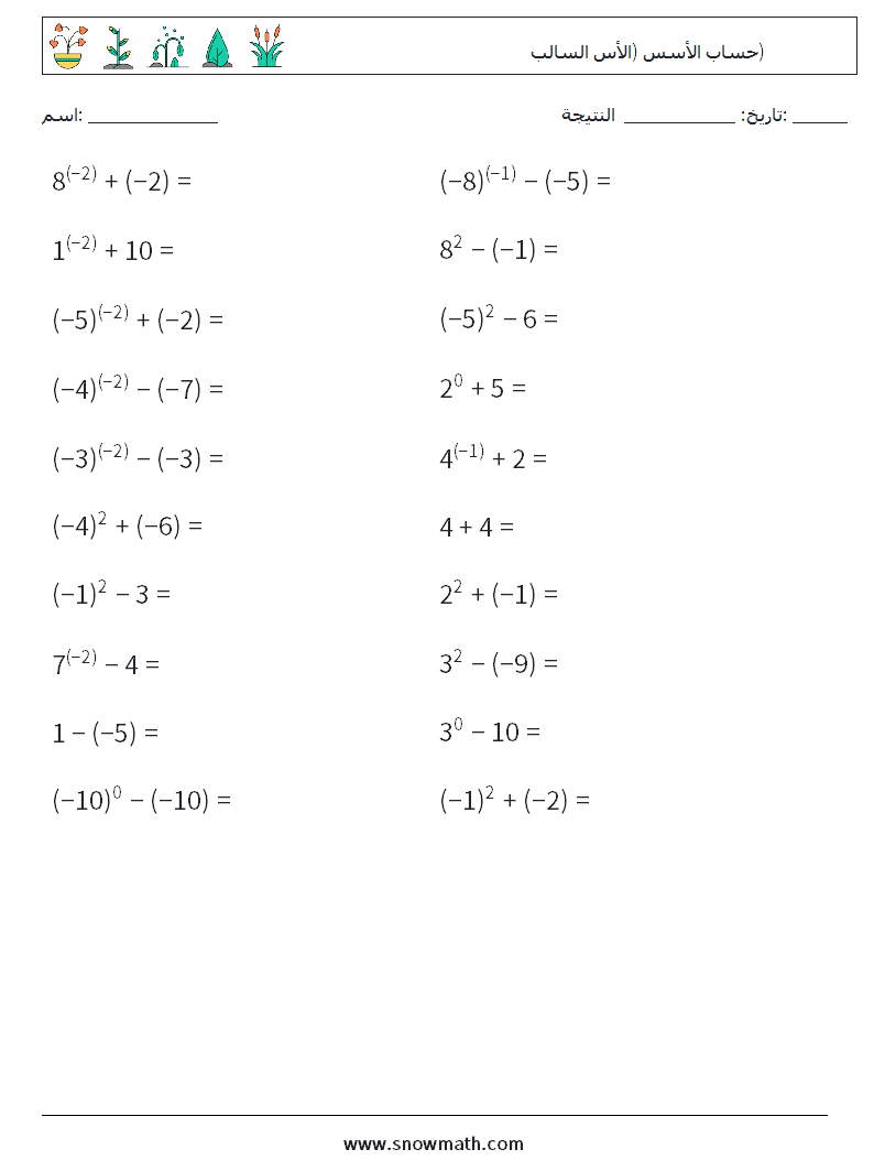  حساب الأسس (الأس السالب) أوراق عمل الرياضيات 4