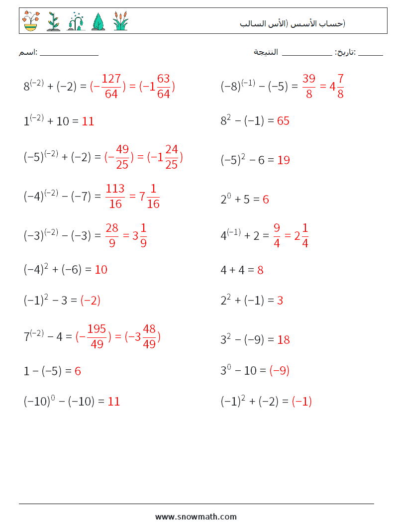  حساب الأسس (الأس السالب) أوراق عمل الرياضيات 4 سؤال وجواب