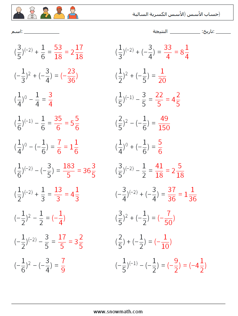  حساب الأسس (الأسس الكسرية السالبة) أوراق عمل الرياضيات 1 سؤال وجواب