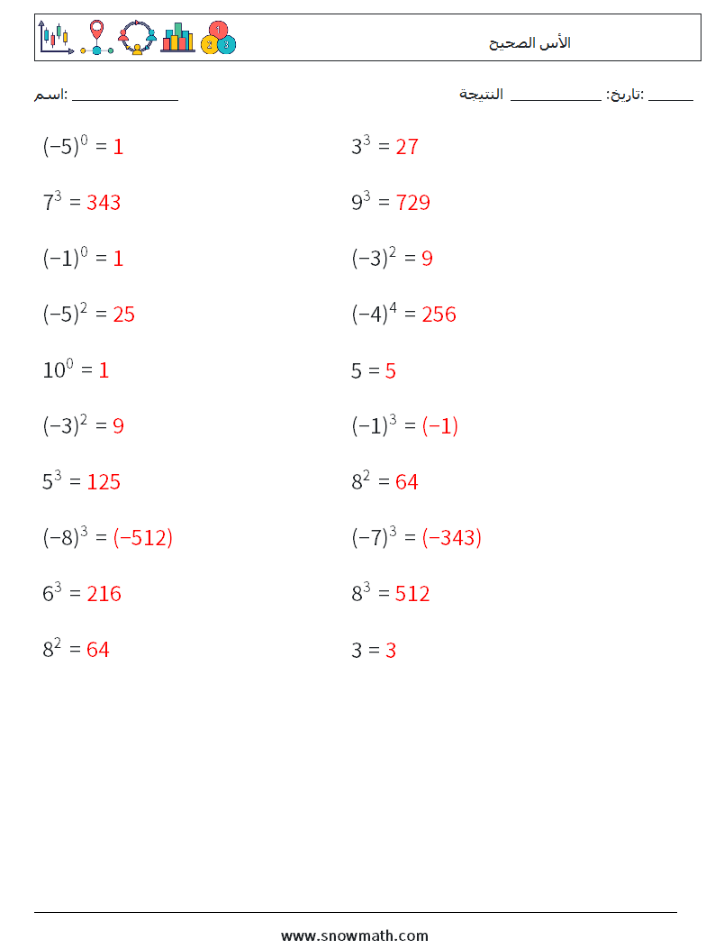 الأس الصحيح أوراق عمل الرياضيات 4 سؤال وجواب
