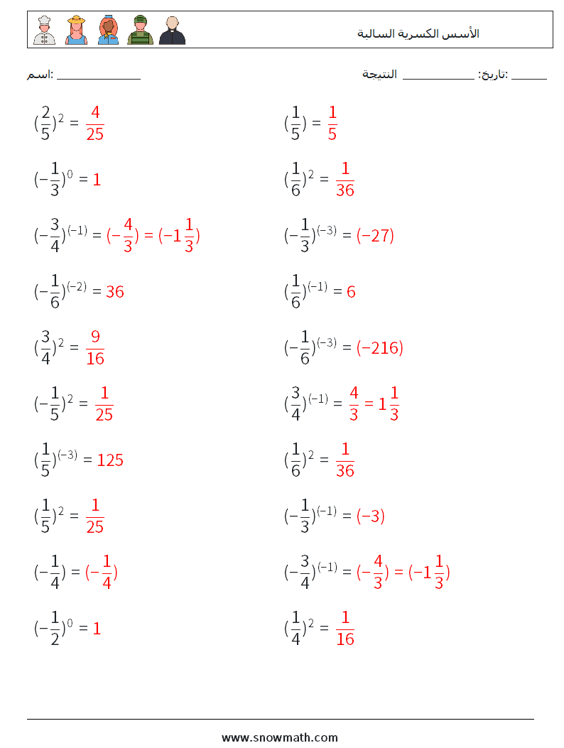 الأسس الكسرية السالبة أوراق عمل الرياضيات 5 سؤال وجواب