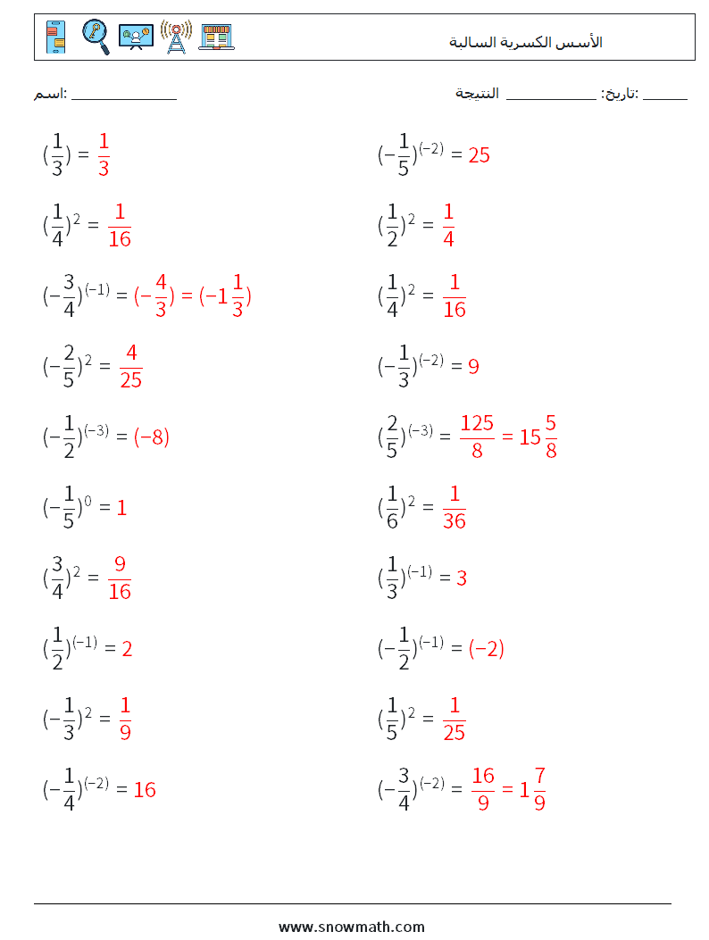 الأسس الكسرية السالبة أوراق عمل الرياضيات 9 سؤال وجواب