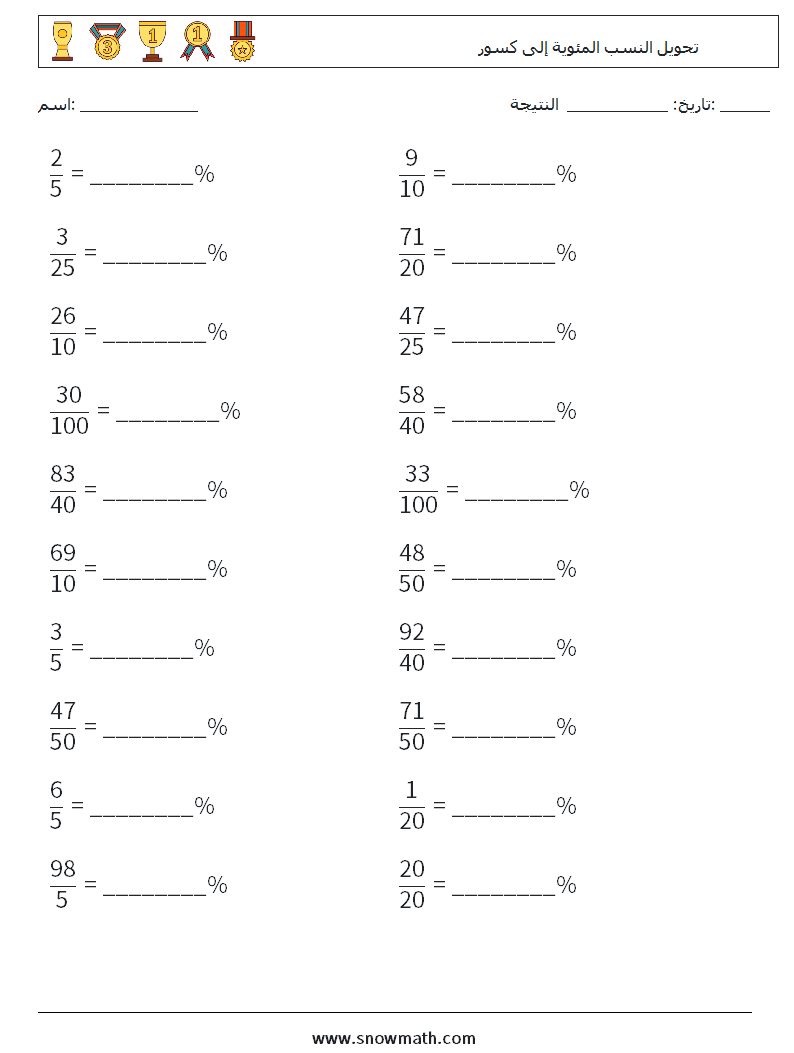 تحويل النسب المئوية إلى كسور أوراق عمل الرياضيات 1
