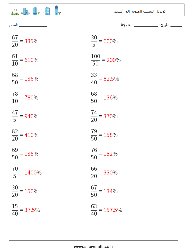 تحويل النسب المئوية إلى كسور أوراق عمل الرياضيات 4 سؤال وجواب