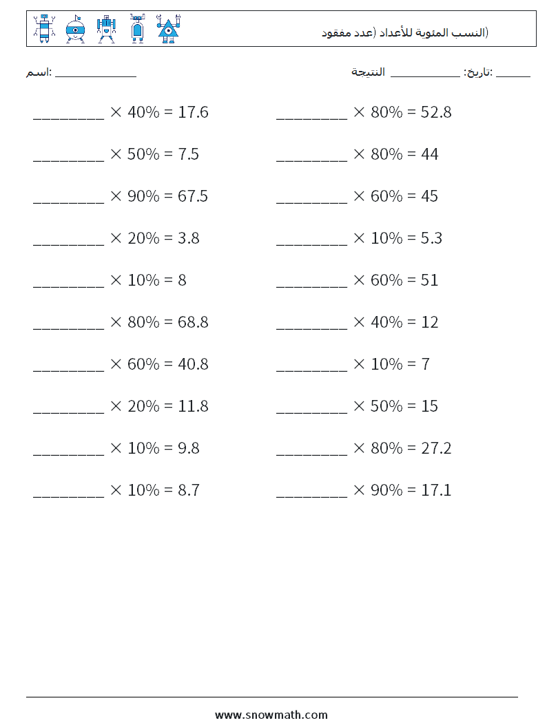 النسب المئوية للأعداد (عدد مفقود) أوراق عمل الرياضيات 2