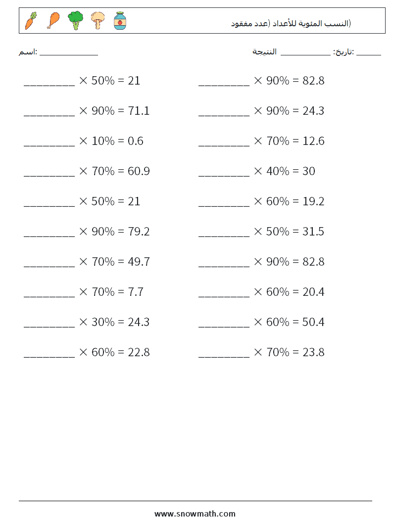 النسب المئوية للأعداد (عدد مفقود) أوراق عمل الرياضيات 8