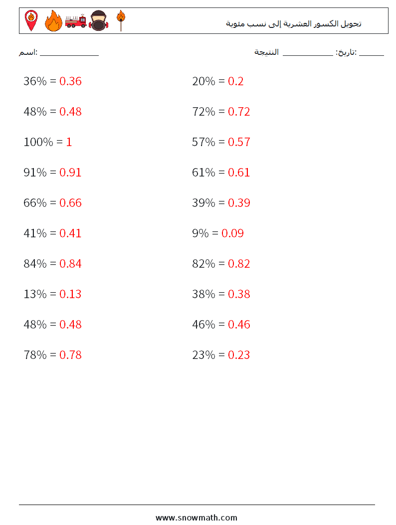 تحويل الكسور العشرية إلى نسب مئوية أوراق عمل الرياضيات 1 سؤال وجواب