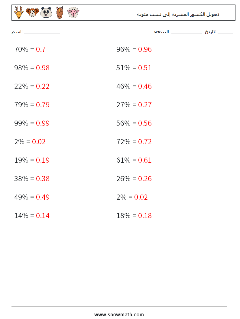 تحويل الكسور العشرية إلى نسب مئوية أوراق عمل الرياضيات 6 سؤال وجواب