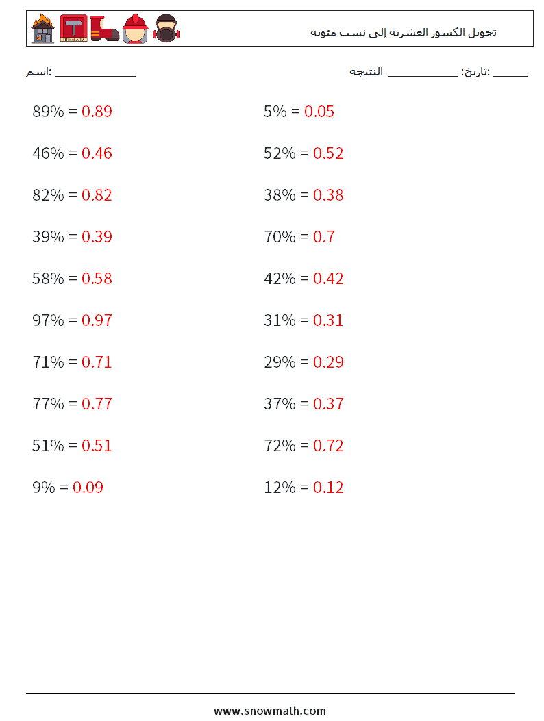 تحويل الكسور العشرية إلى نسب مئوية أوراق عمل الرياضيات 9 سؤال وجواب